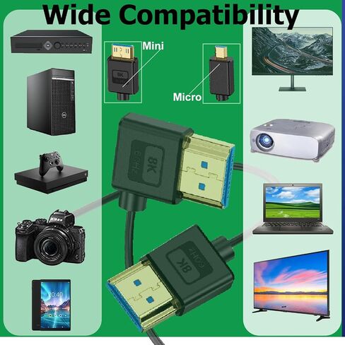 كابل مايكرو HDMI إلى HDMI من السيليكون بطول 1 قدم، سلك HDMI 2.1 رفيع للغاية OD 3.8 مم، زاوية يسار مايكرو HDMI ذكر إلى HDMI ذكر مستقيم 48 جيجابت في الثانية كابل فائق السرعة، 10K@96هرتز، 8K@60هرتز، HDR ديناميكي in Kuwait
