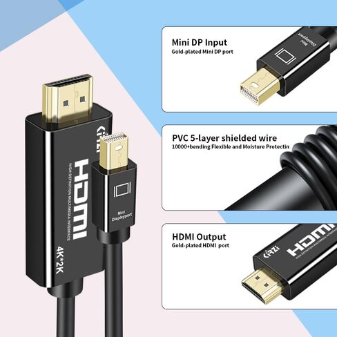 4K Mini DisplayPort to HDMI Cable 30ft UHD Thunderbolt to HDMI Cord, Mini DP to HDMI Compatible for MacBook Air/Pro, Surface Pro/Monitor/TV/Projector More in Saudi Arabia