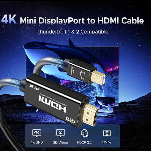 4K Mini DisplayPort to HDMI Cable 30ft UHD Thunderbolt to HDMI Cord, Mini DP to HDMI Compatible for MacBook Air/Pro, Surface Pro/Monitor/TV/Projector More in Saudi Arabia