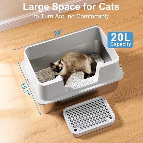صندوق فضلات القطط من الفولاذ المقاوم للصدأ مع غطاء، صندوق فضلات معدني مغلق بجوانب عالية، صندوق فضلات القطط كبير جدًا مقاس XL مع دواسة فلتر وفرشاة تنظيف مغرفة، سهل التنظيف، مضاد للتسرب، غير لزج in Kuwait
