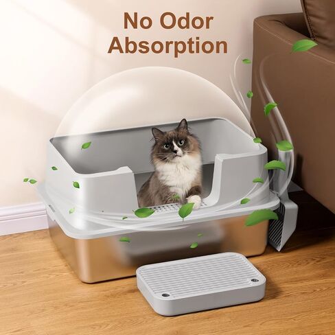 صندوق فضلات القطط من الفولاذ المقاوم للصدأ مع غطاء، صندوق فضلات معدني مغلق بجوانب عالية، صندوق فضلات القطط كبير جدًا مقاس XL مع دواسة فلتر وفرشاة تنظيف مغرفة، سهل التنظيف، مضاد للتسرب، غير لزج in Kuwait