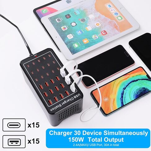 USB C Charger Block, 20 Ports(8 USB A & 12 USB C Port), 120W Multiple USB Charging Station, Desktop USB Wall Charger, Compatible with iPhone, iPad, Tablets, Smartphones (Black&orange-20 Port) in Saudi Arabia