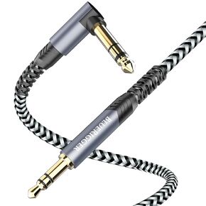 BlueRigger 3.5mm to 6.35mm Audio Cable (15FT, 90 Degree Bi-Directional, 3.5mm 1/8" Male to 6.35mm 1/4" Male TRS, Right Angled Braided Stereo Audio Cable for Cellphone, Amplifiers, Guitar, Speaker