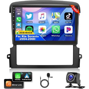 Podofo 2G+64G Car Stereo for Kia Sorento 2004 2005 2006 2007 2008 with Wireless Carplay Android Auto, 9 Inch Touchscreen Car Radio with Bluetooth/GPS/WiFi/SWC/FM&RDS Radio + AHD Backup Camera + MIC