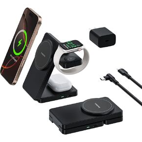 3 in 1 Charging Station for iPhone 16 15 14 13 12, 11 X 8 Series (with MagSafe Case), Wireless Charger for Apple Watch，Travel Magnetic Charging Stand for AirPods (Black)
