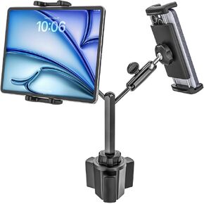 Car Dual Tablet Holder, [Sturdy Metal Arm] Dual Tablet Holder for Car Cup Holder, Universal Dual Truck Cup Tablet Holder for iPad Pro Air Mini, iPhone, Galaxy, 4-12.9" Tablets