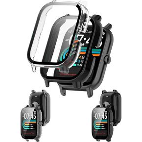P66D/P66E1.85" Smartwatch Case with Screen Protector, Built-in 9H Tempered Glass Film Hard PC Bumper Full Coverage Protective Cover, for Nerunsa/Dotn/Aptkdoe/Ddidbi SmartWatch 2 Pack (Black/Clear)