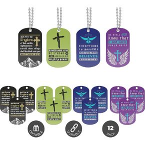 Inkstone (12-Pack) Bible Dog Tag Necklaces, Assorted Colors - Religious Small Gifts in Bulk for Christian Wholesale Jewelry, Baptism Party Favors - Christian Gifts for Adults Men Women