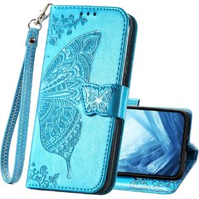 Wallet Case for Google Pixel 9 Pro,Pixel 9 PU Leather Flip Protective Phone Case Wrist Strap Card Slots Holder Pocket Emboss Butterfly Flower Stand Case Women for Google Pixel 9/9 Pro Purple