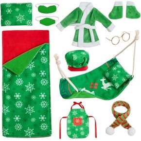 JOYIN 11 PCS Christmas Doll Clothes Accessories, Xmas Doll Sleeping Bag, Apron Hat Bathrobes Hammock Shoes Eye Mask Face Mask Scarf Pillow Glasses for Christmas Doll Outfits Supplies Kids Toys Gifts