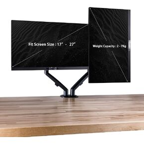 Ergoflexy EFX-1-2 Dual Monitor Desk Mount Arm, Adjustable Arm for 17-27" Monitors, Full Motion Swivel, Tilt & Rotation, Height Adjustable, VESA Compatible, Space-Saving Design, Black Color
