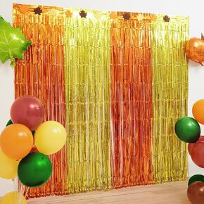 Happy Fall Thanksgiving Party Decoration, 2 Pack Fall Festival Photo Backdrop, Orange Gold Metallic Tinsel Foil Fringe Curtains for Autumn Friendsgiving Thanksgiving Day Farm Harvest Party Supplies