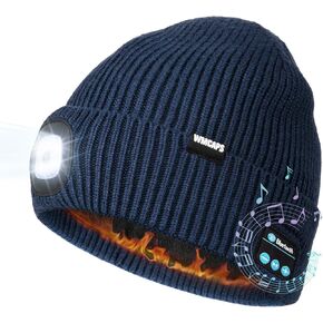 Wmcaps Fleece Lined Bluetooth LED Beanie, Winter Warm Hat with Light and Speaker Mic Cordless Headphones, Gifts for Men Dad