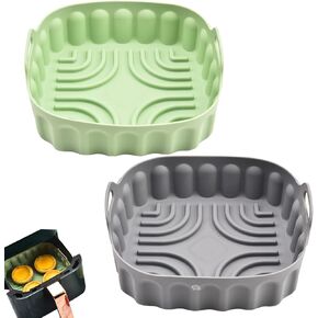 2-Pack Square Air Fryer Silicone Pot, A safe and non Stick Air Fryer,Reusable Baking Tray And Oven Accessories;Suitable For 4QT -8QT Air Fryers (Gray+Green)