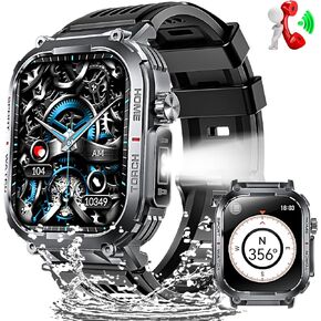 Military Smart Watches for Men with LED Flashlight Compass Bluetooth Call 2.02" Screen Waterproof Smartwatch with Sport Modes Health Monitor 400mAh Rugged Smartwatch for iPhone Android