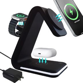 3-in-1 Wireless Charging Station for Apple Devices Compatible with Mag-Safe 15W Magnetic Fast Charger Stand with Sleep-Friendly Light for iPhone 16/15/15 Pro/14/13/12, Apple Watch, AirPods
