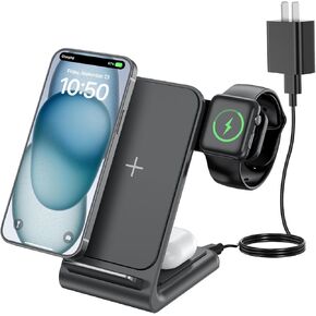 Wireless Charging Station for Apple - 3 in 1 Wireless Charger Stand Dock Watch and Phone Charger Station for Apple Watch 8/7/SE/6/5/4/3/2, iPhone 15 14 13 12 Pro Max SE XS X, Samsung, AirPods Pro/3/2