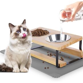 Elevated Cat Bowls with Food Mat, 15° Tilted Anti Vomiting Raised Cat Bowls Stand for Indoor Cats and Puppy, 2 Stainless Steel Bowls for Food and Water