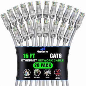 Maximm Cat 6 Ethernet Cable 12 ft (20-Pack) - High-Speed LAN Cable, Internet Cable, Patch Cable, and Network Cable - UTP, 10Gbps, 550MHz Ethernet Cord - Yellow