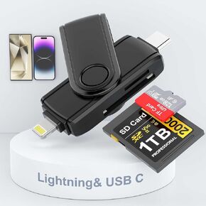 2 in 1 USBC & Lightning SD Card Reader to iPhone iPad,5Gbps High-Speed SD/TF Memory Card Reader for SD/Micro SD/SDHC/SDXC,Micro SD Card Reader with USB 3.0 Dual Slots Support OTG Function,Plug & Play