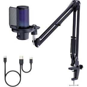 FEELWORLD VM1 Gaming PC USB Microphone Condenser Mic with Noise Cancellation Mute RGB Light, Computer Accessories for Gamer YouTube Twitch Podcast Streaming Recording Online Chat PS4 PS5