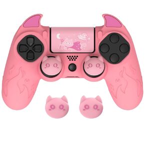 PlayVital Cute Demon Controller Skin for ps4 with Thumb Grips & Stickers, Kawaii Anti-Slip Silicone Controller Cover Grip Protector for ps4 Slim/Pro Controller - Pink