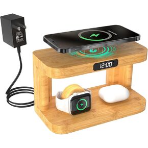 5-in-1 Bamboo Wood Magnetic Wireless Charging Station with Night Light and Clock, Suitable for iPhone 16 15 14 13 12 11 Pro Max X Xs AirPods Pro iWatch Series 8 7 6 5 SE