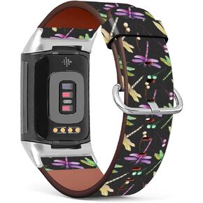 Compatible with Fitbit Charge 5, Patterned Leather Replacement Band, (Colorful Dragonfly Pattern)