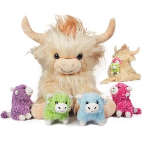 5 Pcs Highland Cows Stuffed Plush Animals Set,Realistic Scottish Mommy Cow Plush Toy with 4 Baby Cute Plushy Cows for Party Favors Boys Girls Birthday Gifts