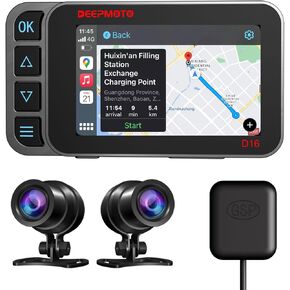Motorcycle Dash Cam Carplay and Android Auto GPS Navigation, Front and Rear HD Cameras, 4-inch Touch Screen, Button Operation, Built-in 128GB Chip Storage, IP67 Waterproof