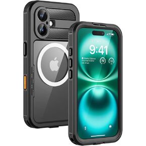Lanhiem Magnetic for iPhone 16 Pro Max Case, IP68 Waterproof Dustproof Case, [Compatible with Magsafe] [Built-in Screen Protector] Full Body Heavy Duty Rugged Phone Cover 6.9 inch, Black/Clear