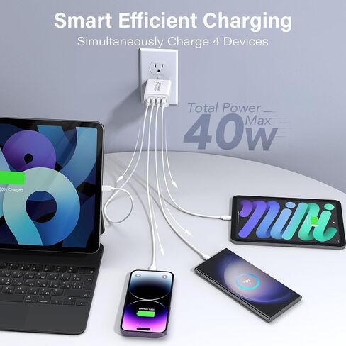 USB C Charger, 2-Pack 40W 4 Port USB C Fast Wall Charger Type C Charging Block Brick Cube, USB C Charger Block for iPhone 16/15/iPad Pro/AirPods, Galaxy and More (2-Pack 6 ft USBC Cable Included) in Saudi Arabia