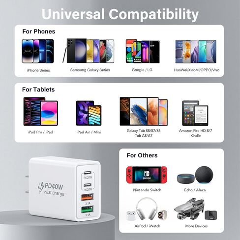 USB C Charger, 2-Pack 40W 4 Port USB C Fast Wall Charger Type C Charging Block Brick Cube, USB C Charger Block for iPhone 16/15/iPad Pro/AirPods, Galaxy and More (2-Pack 6 ft USBC Cable Included) in Saudi Arabia
