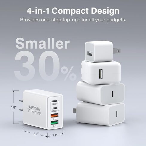 USB C Charger, 2-Pack 40W 4 Port USB C Fast Wall Charger Type C Charging Block Brick Cube, USB C Charger Block for iPhone 16/15/iPad Pro/AirPods, Galaxy and More (2-Pack 6 ft USBC Cable Included) in Saudi Arabia