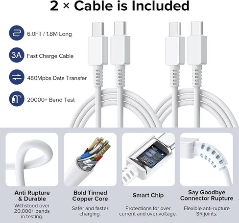USB C Charger, 2-Pack 40W 4 Port USB C Fast Wall Charger Type C Charging Block Brick Cube, USB C Charger Block for iPhone 16/15/iPad Pro/AirPods, Galaxy and More (2-Pack 6 ft USBC Cable Included) in Saudi Arabia