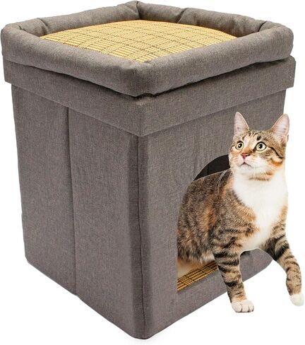 Downtown Pet Supply Cube Cat House - Modern Cat Condo & Kitten Bed - Foldable Cat Cube Bed with a Cat Toy - Faux Fur Kitty Bed - 16 in x 12.5 in x 12.5 in - Bamboo Cat Ottoman in Saudi Arabia