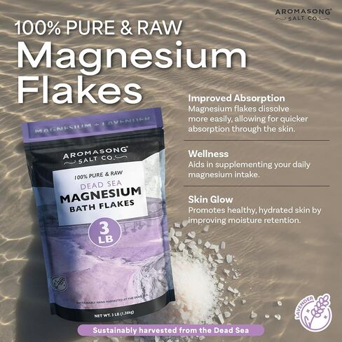 Aromasong Magnesium Flakes from The Dead Sea, 3 LB Resealable Pack (Packaging May Very) - Muscle Relaxing Magnesium Chloride Bath Salts Soak for Headaches, Stress & Leg Discomfort. in Saudi Arabia