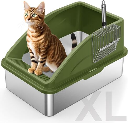 FURTIME Stainless Steel Litter Box with Lid, XL Metal Cat Litter Box for Big Cats, Extra Large Litter Box High Sided, Non-Sticky, Easy to Clean, Anti-Urine Leakage,Include Metal Litter Scoop, Beige in Saudi Arabia