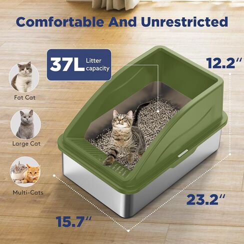 FURTIME Stainless Steel Litter Box with Lid, XL Metal Cat Litter Box for Big Cats, Extra Large Litter Box High Sided, Non-Sticky, Easy to Clean, Anti-Urine Leakage,Include Metal Litter Scoop, Beige in Saudi Arabia