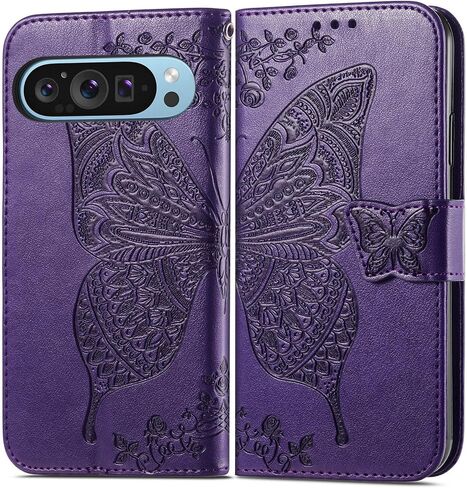 Wallet Case for Google Pixel 9 Pro,Pixel 9 PU Leather Flip Protective Phone Case Wrist Strap Card Slots Holder Pocket Emboss Butterfly Flower Stand Case Women for Google Pixel 9/9 Pro Purple in Kuwait