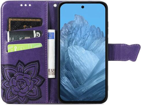Wallet Case for Google Pixel 9 Pro,Pixel 9 PU Leather Flip Protective Phone Case Wrist Strap Card Slots Holder Pocket Emboss Butterfly Flower Stand Case Women for Google Pixel 9/9 Pro Purple in Kuwait