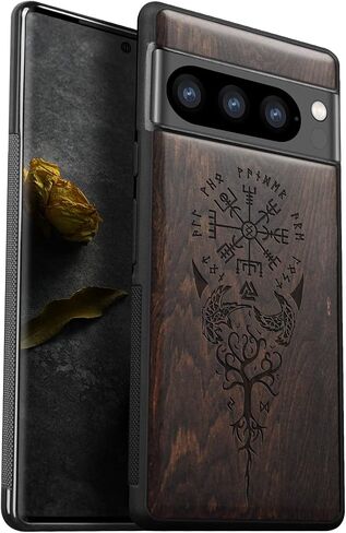 Carveit Wood Case for Pixel 8 Pro Case [Natural Wood & Black Soft TPU] Shockproof Protective Cover Unique Wooden Case Compatible with Google Pixel 8 Pro Case (Viking Compass-Blackwood) in Kuwait