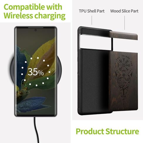Carveit Wood Case for Pixel 8 Pro Case [Natural Wood & Black Soft TPU] Shockproof Protective Cover Unique Wooden Case Compatible with Google Pixel 8 Pro Case (Viking Compass-Blackwood) in Kuwait