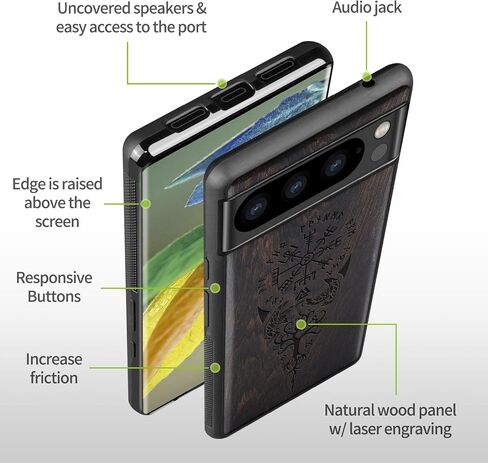 Carveit Wood Case for Pixel 8 Pro Case [Natural Wood & Black Soft TPU] Shockproof Protective Cover Unique Wooden Case Compatible with Google Pixel 8 Pro Case (Viking Compass-Blackwood) in Kuwait