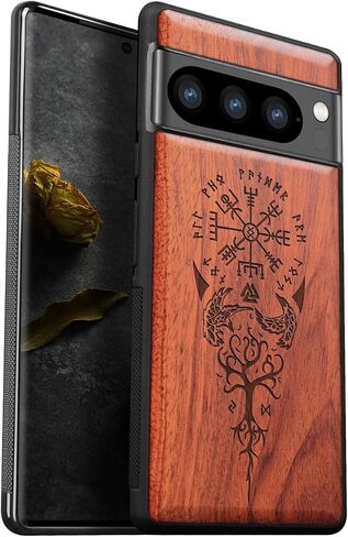 Carveit Wood Case for Pixel 8 Pro Case [Natural Wood & Black Soft TPU] Shockproof Protective Cover Unique Wooden Case Compatible with Google Pixel 8 Pro Case (Viking Compass-Blackwood) in Kuwait