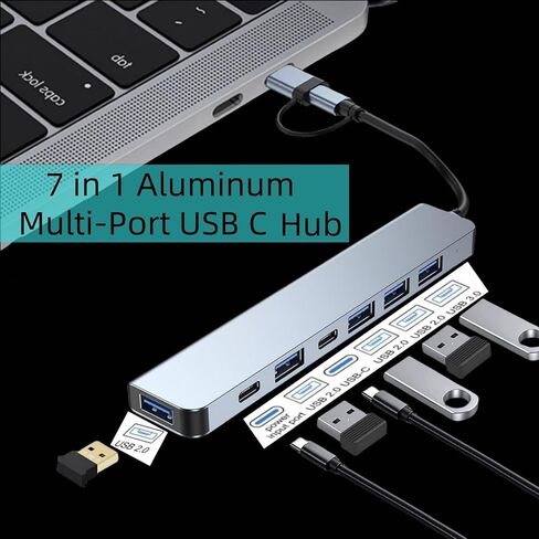 موزع USB C، محول ألومنيوم متعدد المنافذ 7 في 1 لجهاز MacBook Pro Air والمزيد من الأجهزة، متوافق مع أجهزة الكمبيوتر المحمولة USB C وأجهزة أخرى من النوع C in Kuwait