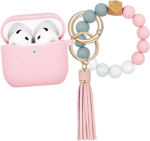 متوافق مع غطاء حافظة AirPods 4، غطاء واقي من السيليكون الناعم مع سلسلة مفاتيح سوار، متوافق مع سماعات الأذن اللاسلكية Apple AirPods الجيل الرابع (وردي فاقع) in Kuwait