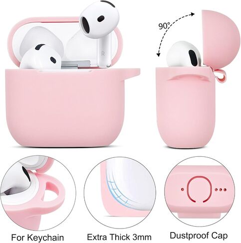 متوافق مع غطاء حافظة AirPods 4، غطاء واقي من السيليكون الناعم مع سلسلة مفاتيح سوار، متوافق مع سماعات الأذن اللاسلكية Apple AirPods الجيل الرابع (وردي فاقع) in Kuwait
