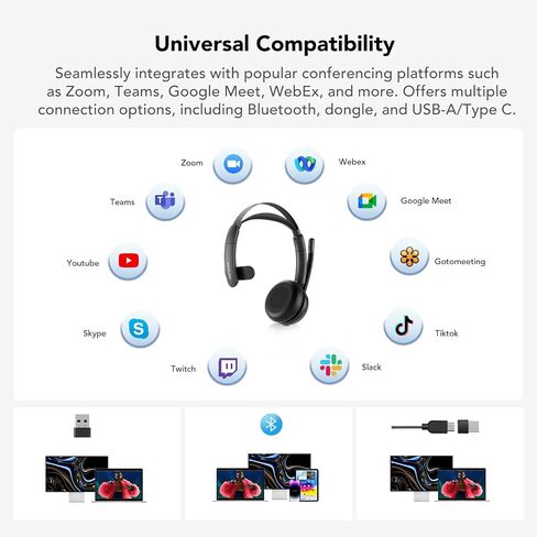 NUROUM Wireless Headset with Mic for Work, Trucker Bluetooth Headset with Noise Cancelling Microphones, Single Ear, Dongle, Multi-Point/Mute, 45H Playback for Call Center/Work from Home/Office HP31SU in Saudi Arabia