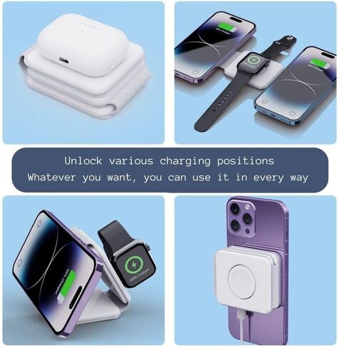 3 in 1 Wireless Charger for iPhone, Magnetic Foldable 3 in 1 Charging Station, Magnetic Pad, Travel Charger for Multiple Devices for iPhone 15/14/13/12 Series, AirPods Pro, iWatch in Saudi Arabia